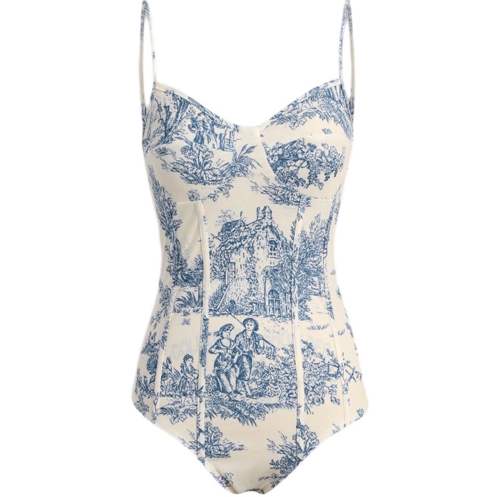 CIDER blue/off-white Toile De Jouy bodysuit size XL like new